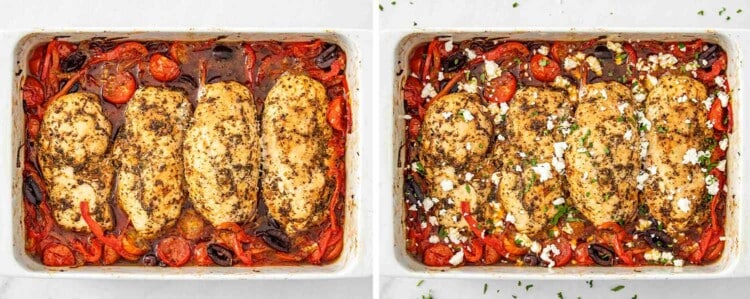 process shots showing how to make mediterranean chicken bake.