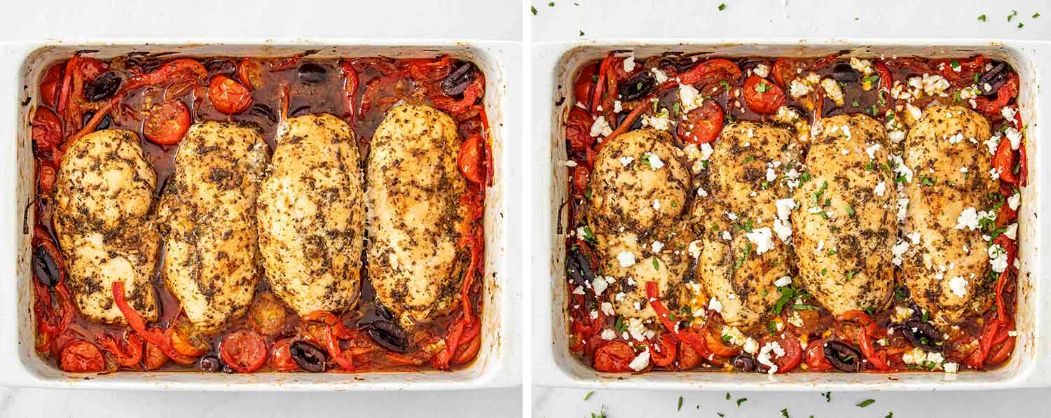 process shots showing how to make mediterranean chicken bake.