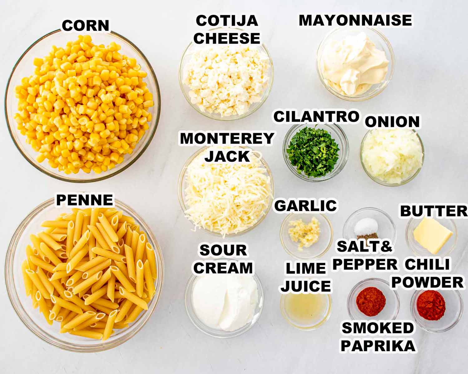 ingredients needed to make mexican street corn pasta bake.