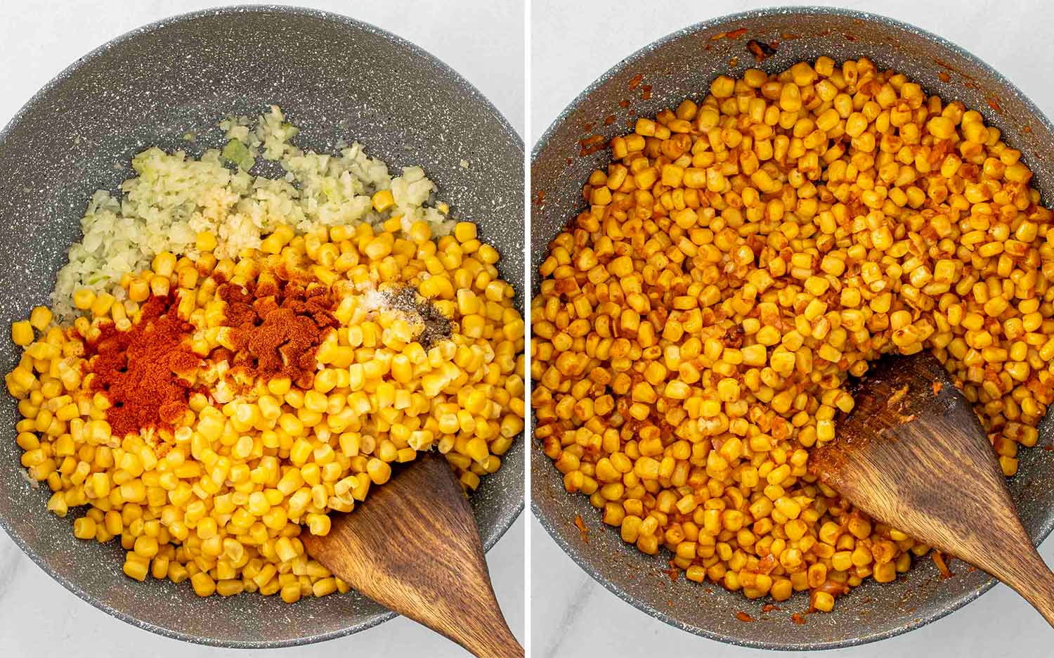 process shots showing how to make mexican street corn pasta bake.