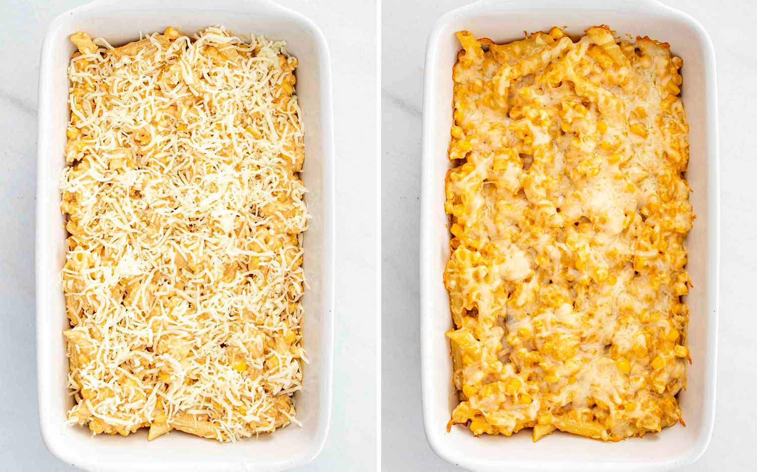 process shots showing how to make mexican street corn pasta bake.