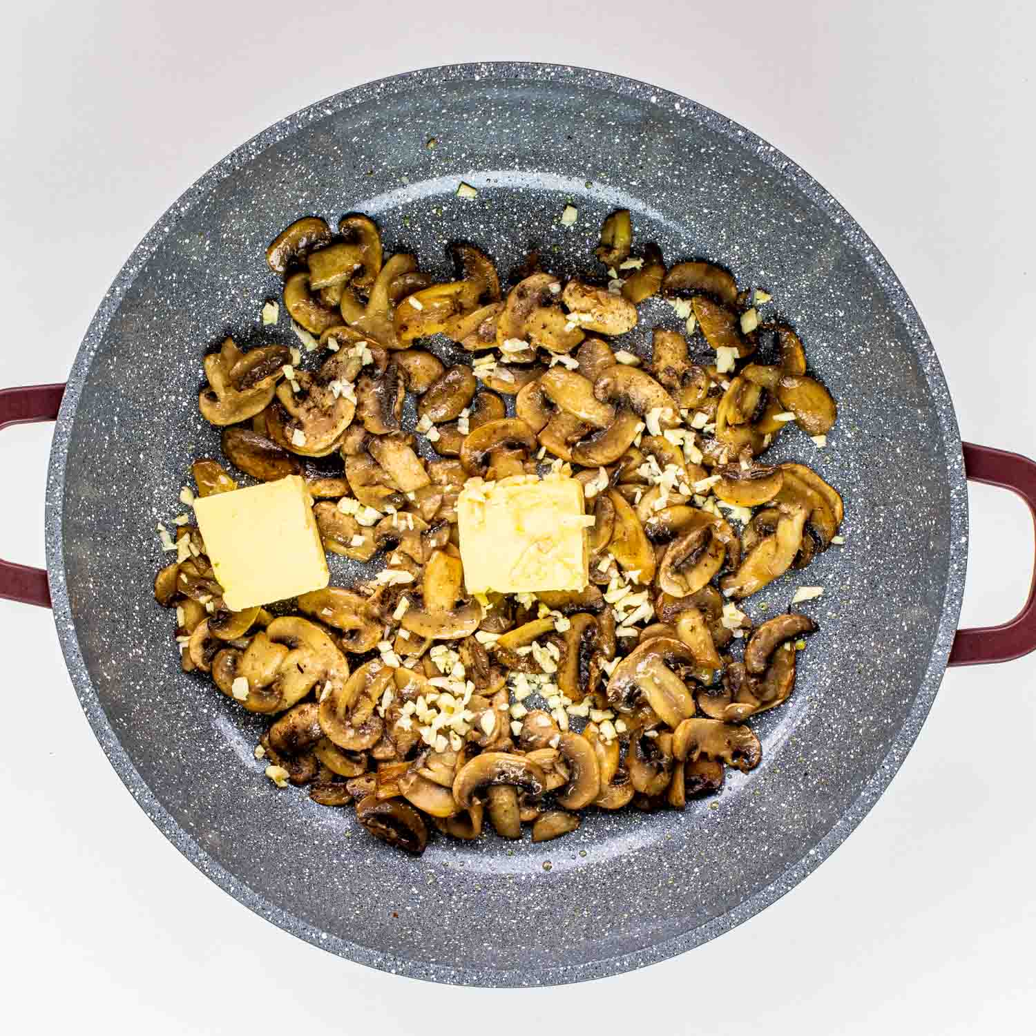 process shots showing how to make mushroom pasta.