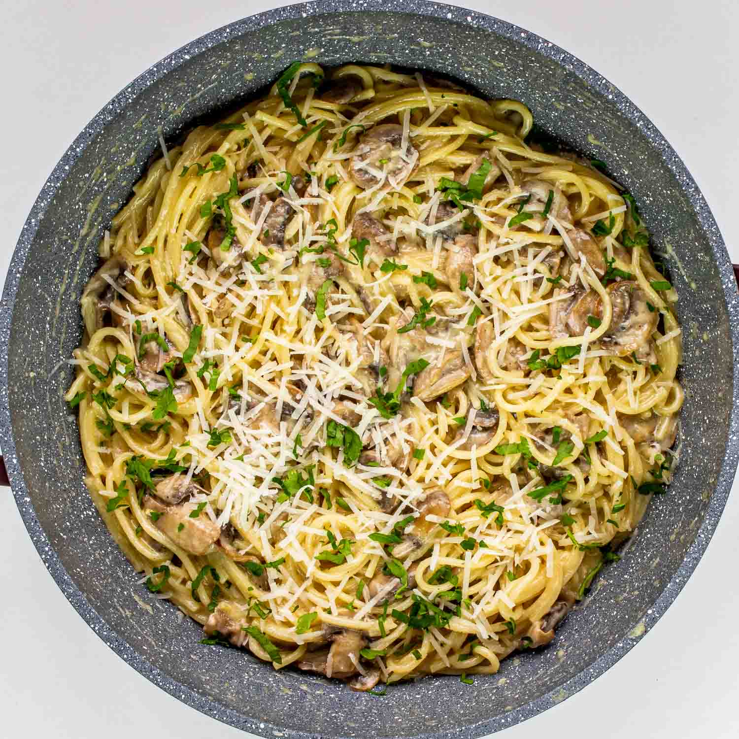 process shots showing how to make mushroom pasta.