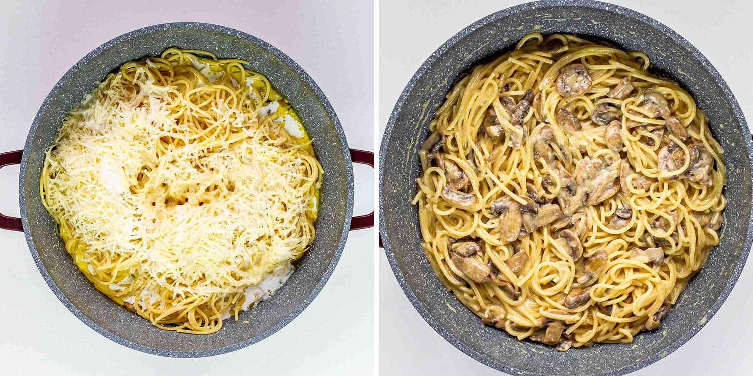 process shots showing how to make mushroom pasta.