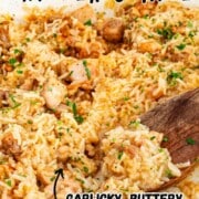 pin for one pot garlic butter chicken and rice.
