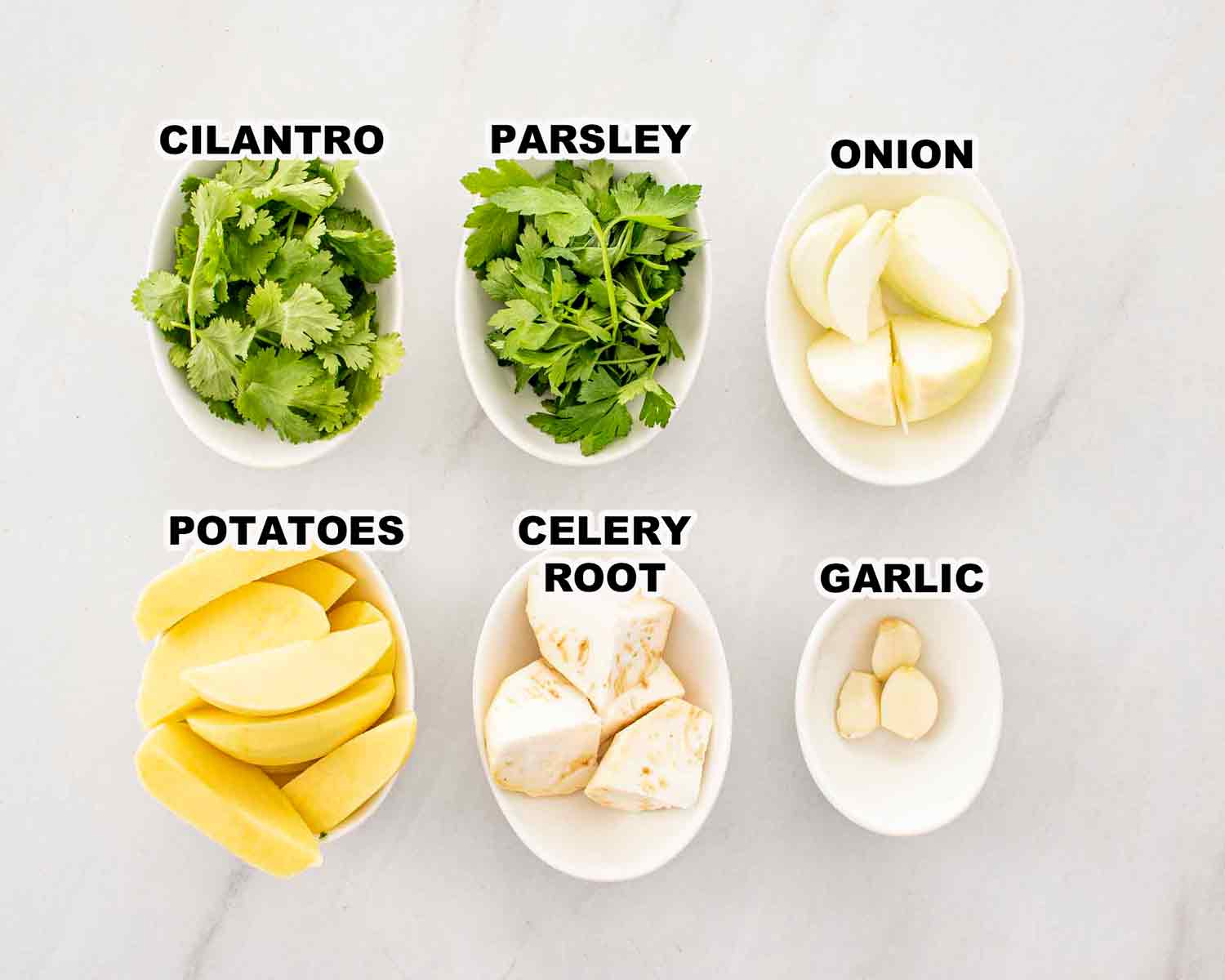 ingredients needed to make meatballs and potatoes.