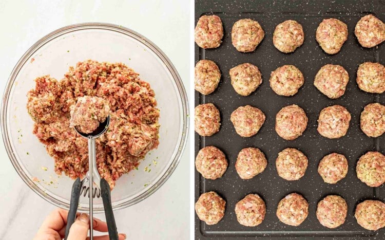 process shots showing how to make one pot meatballs and potatoes.