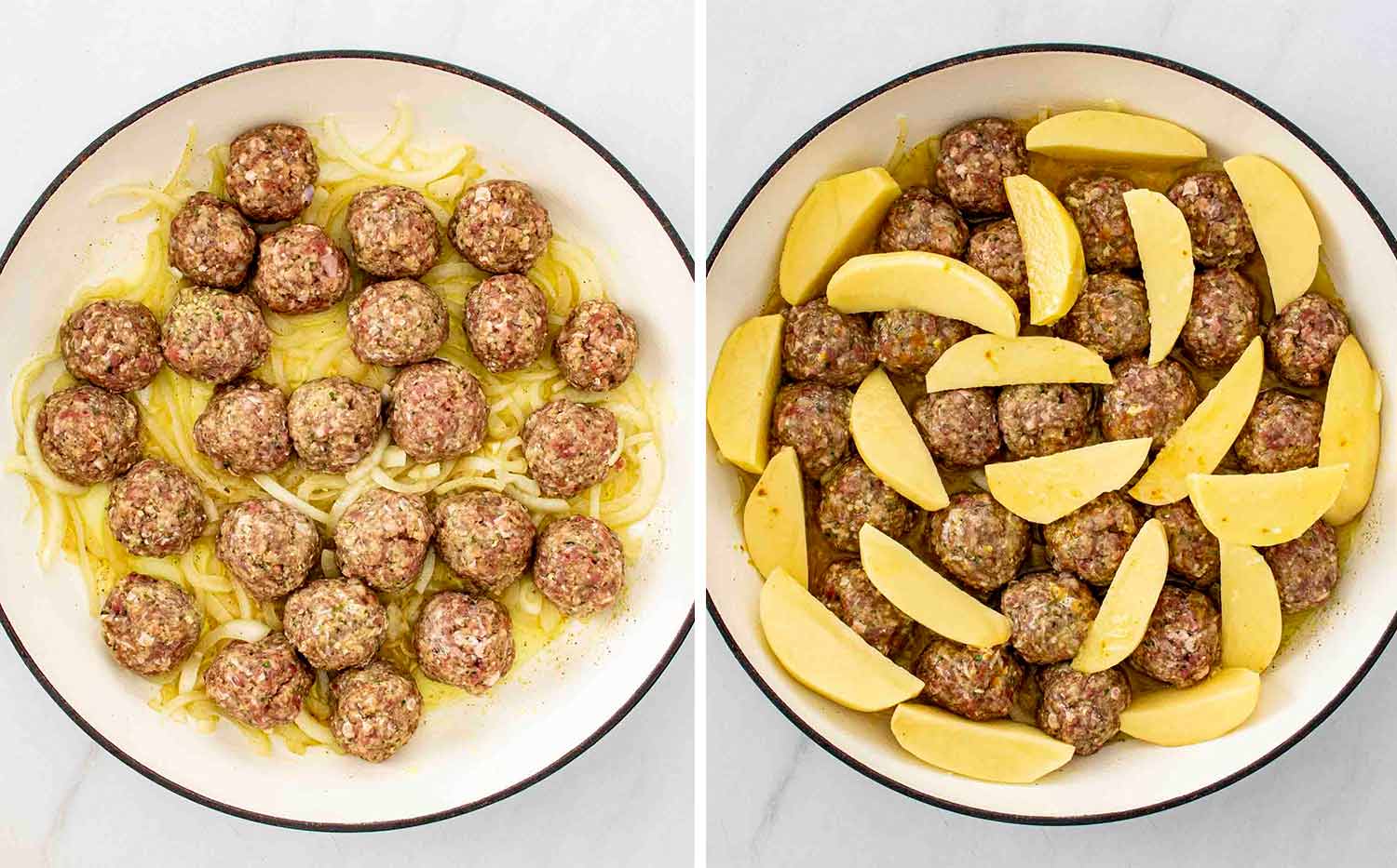 process shots showing how to make one pot meatballs and potatoes.