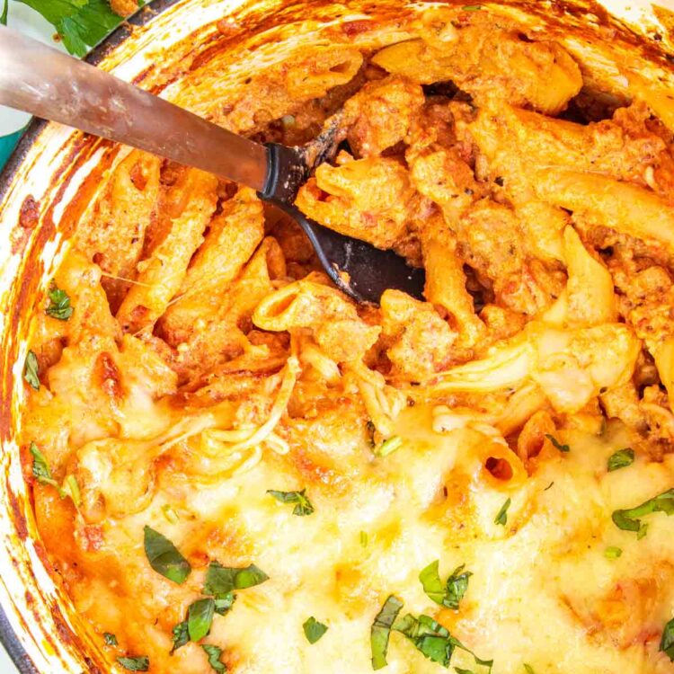 freshly made one pot sausage pasta in a dutch oven.