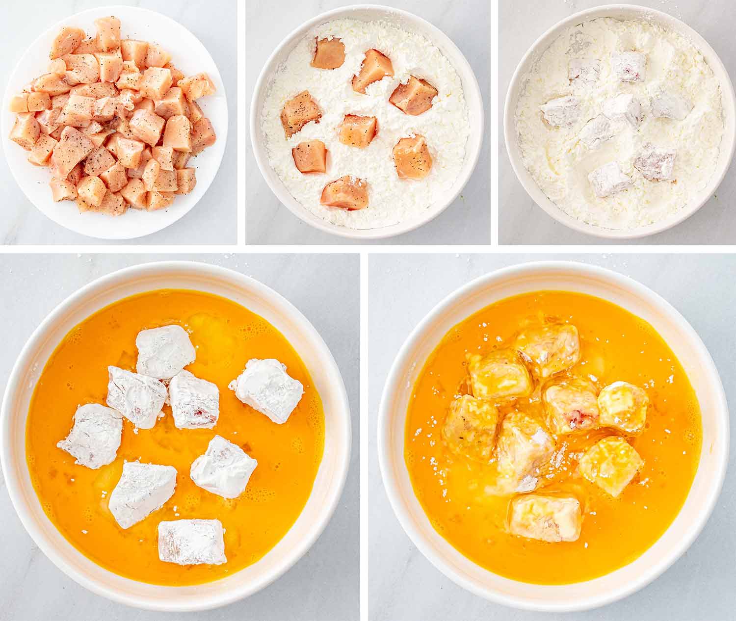 process shots showing how to make orange chicken.