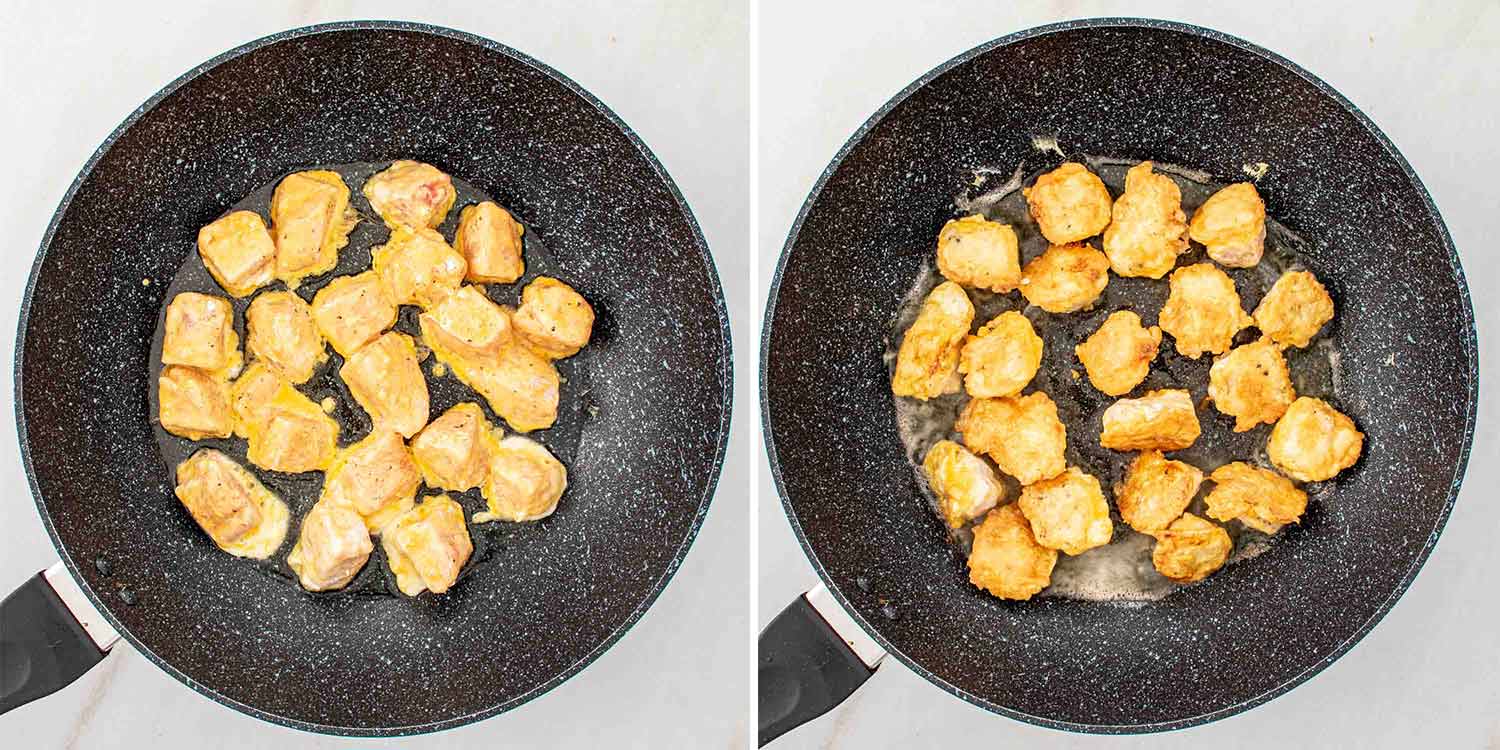 process shots showing how to make orange chicken.