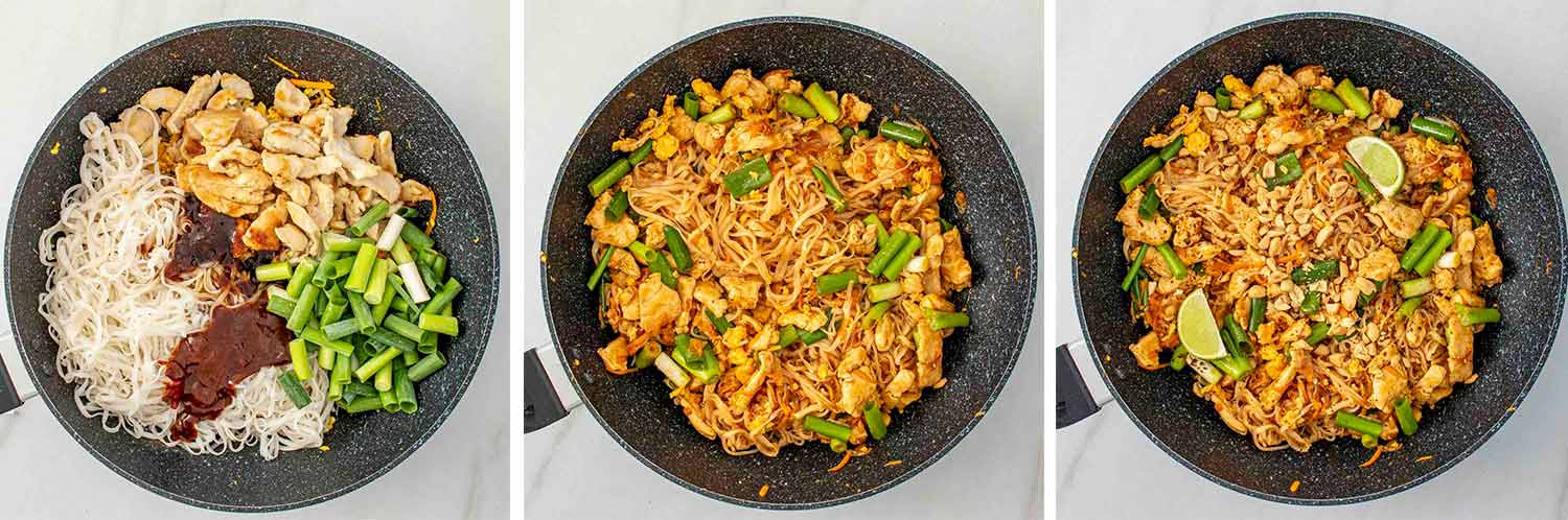 process shots showing how to make pad thai.