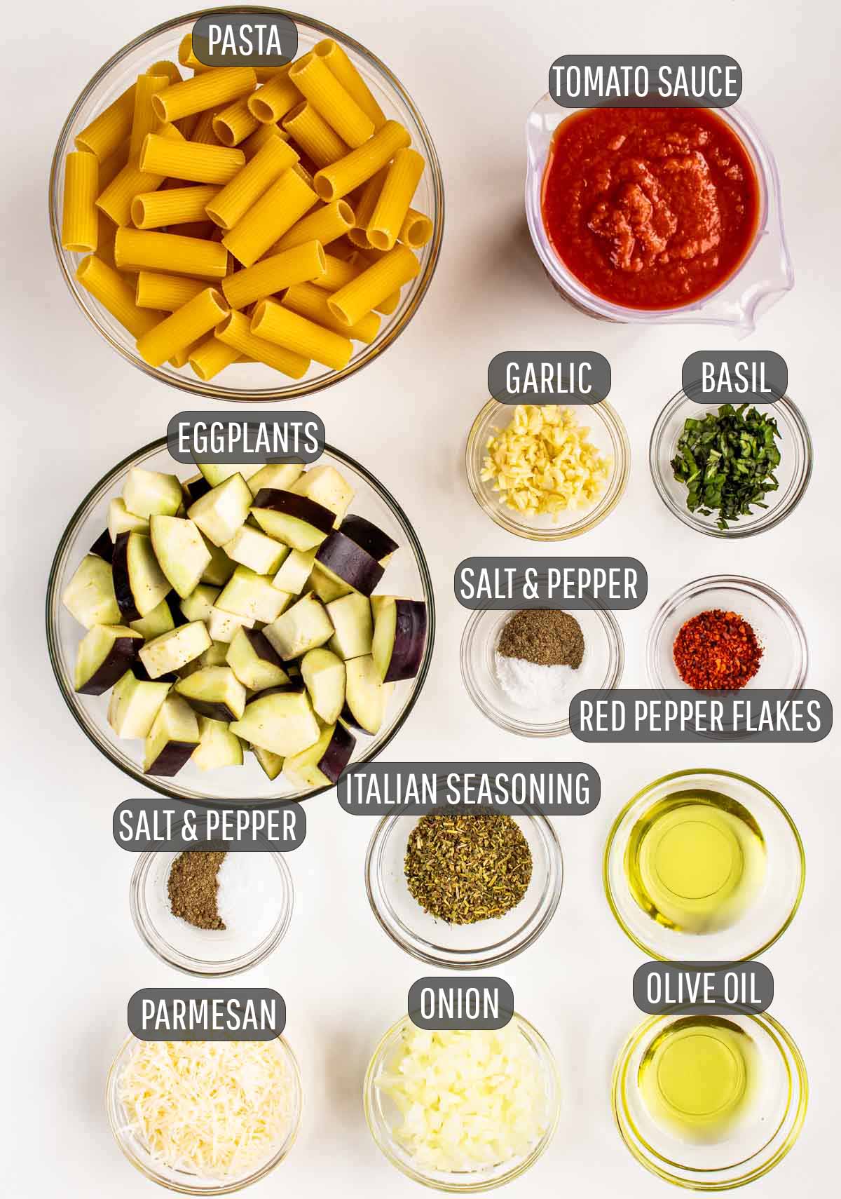 overhead shot of ingredients needed for pasta alla norma.