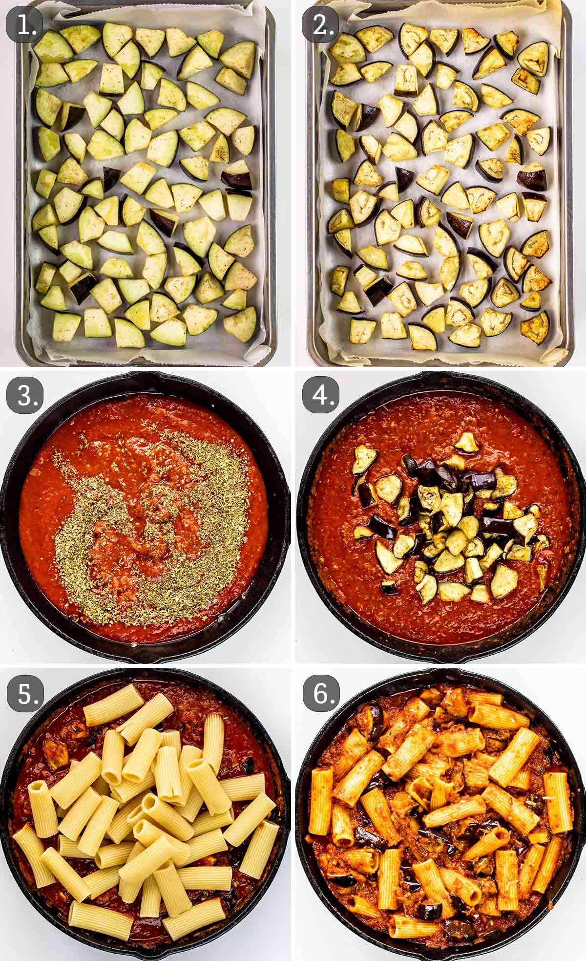 process shots showing how to make pasta alla norma.