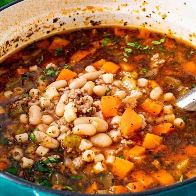 freshly made pasta fagioli in a large Dutch oven.