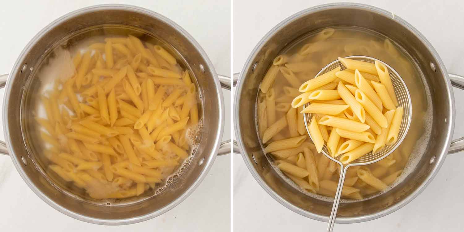 process shots showing how to make pasta primavera.