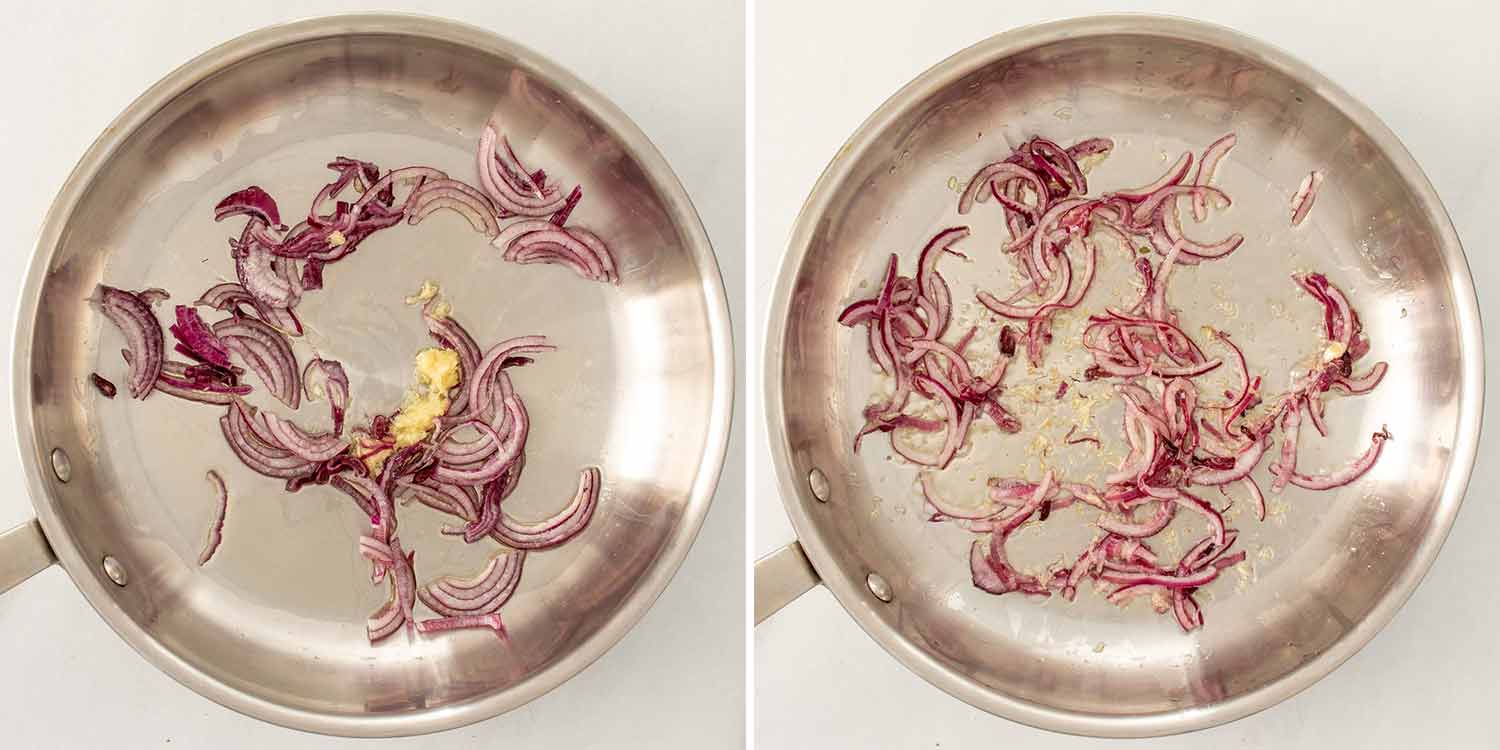 process shots showing how to make pasta primavera.