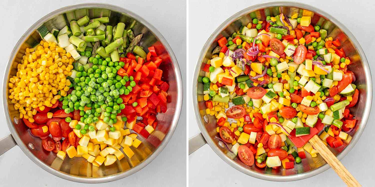 process shots showing how to make pasta primavera.