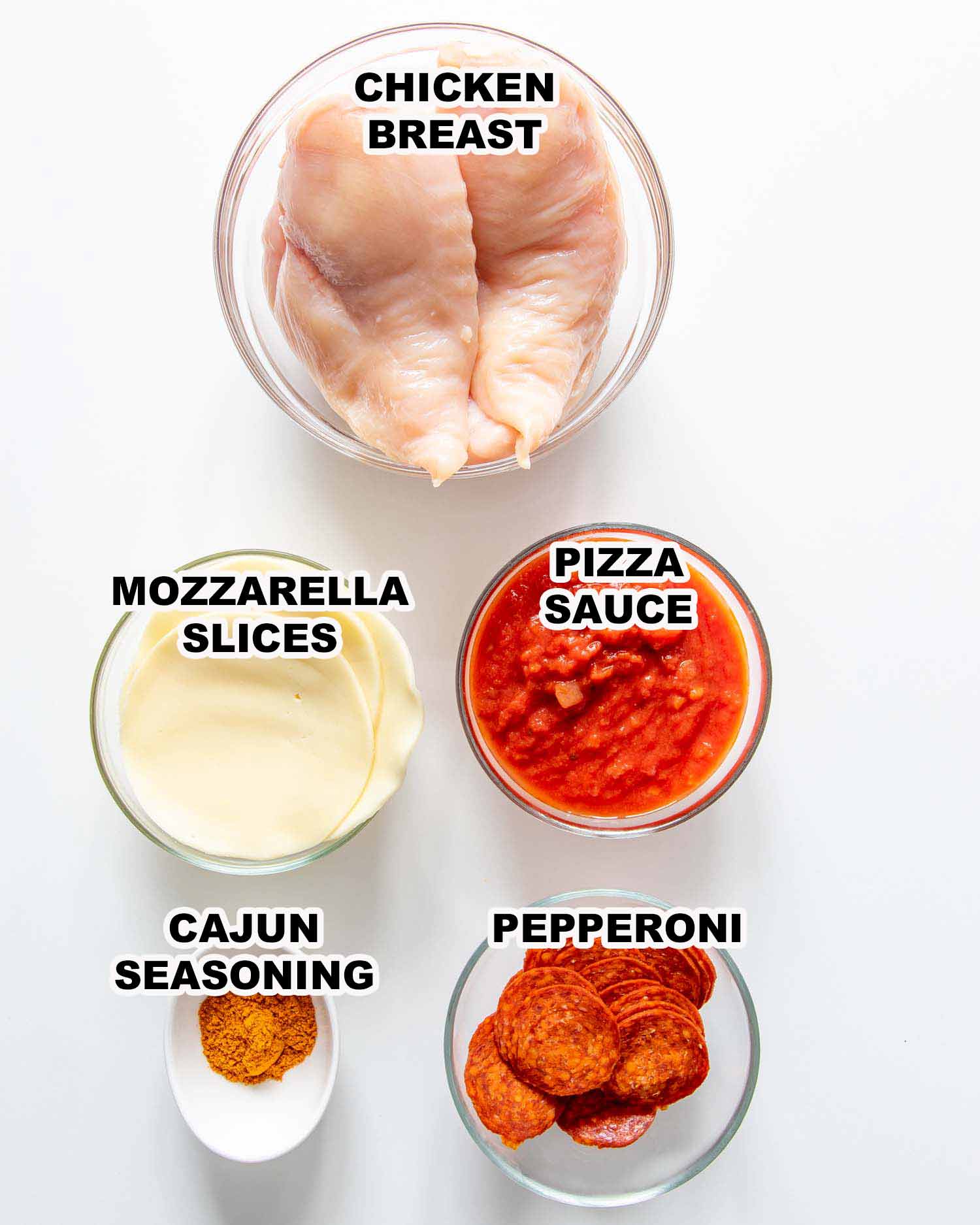 ingredients needed to make pizza stuffed chicken breasts.