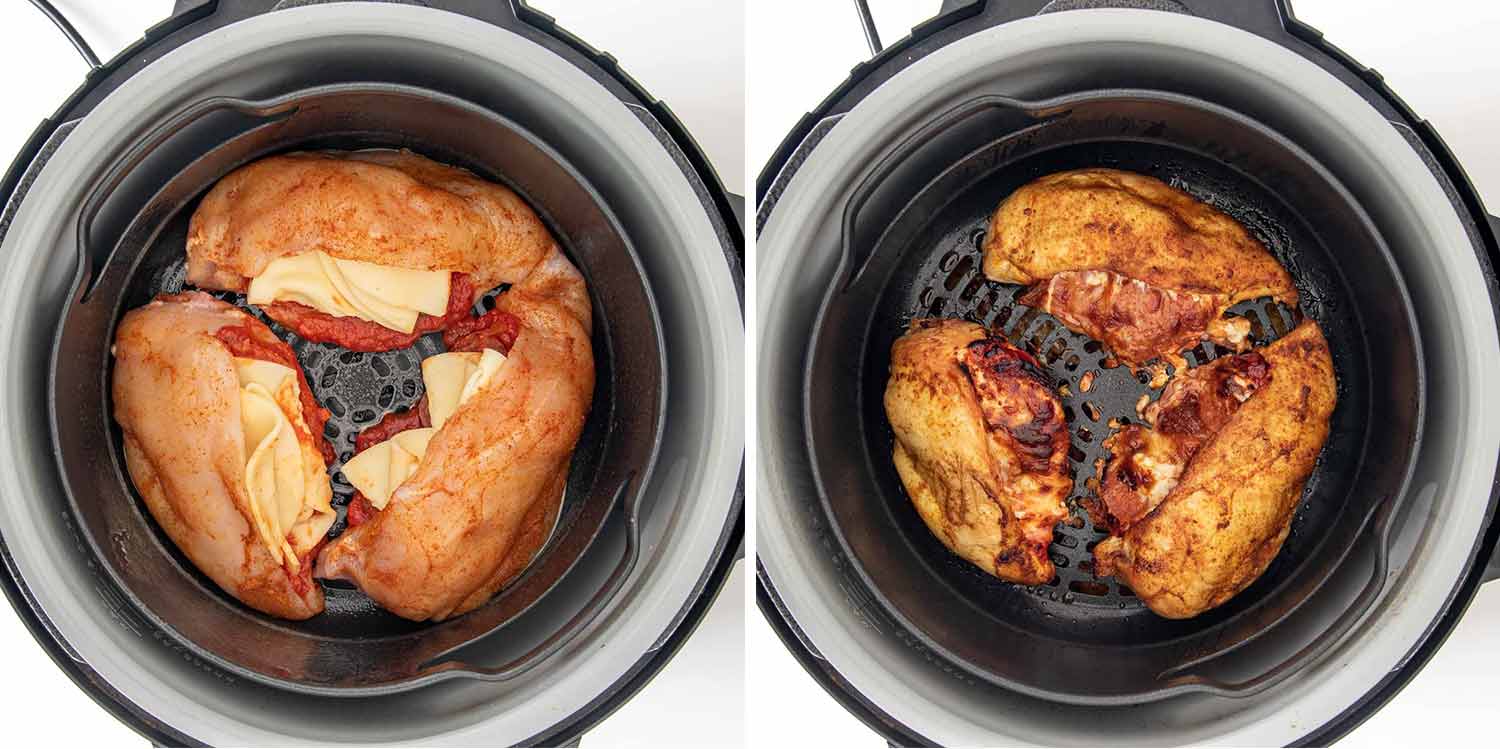 process shots showing how to make pizza stuffed chicken breast.