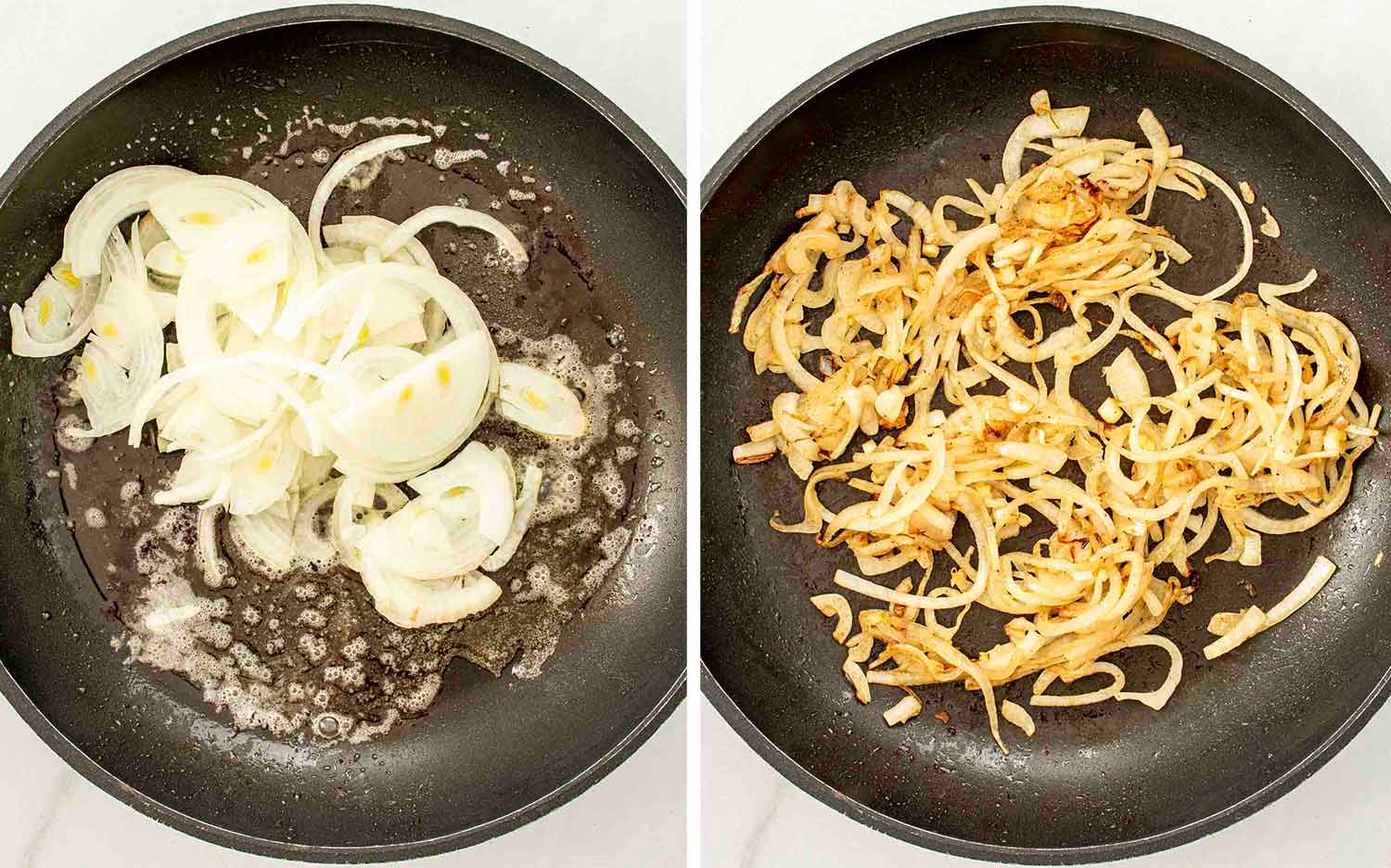 process shots showing how to make poor man's steak and onion gravy.