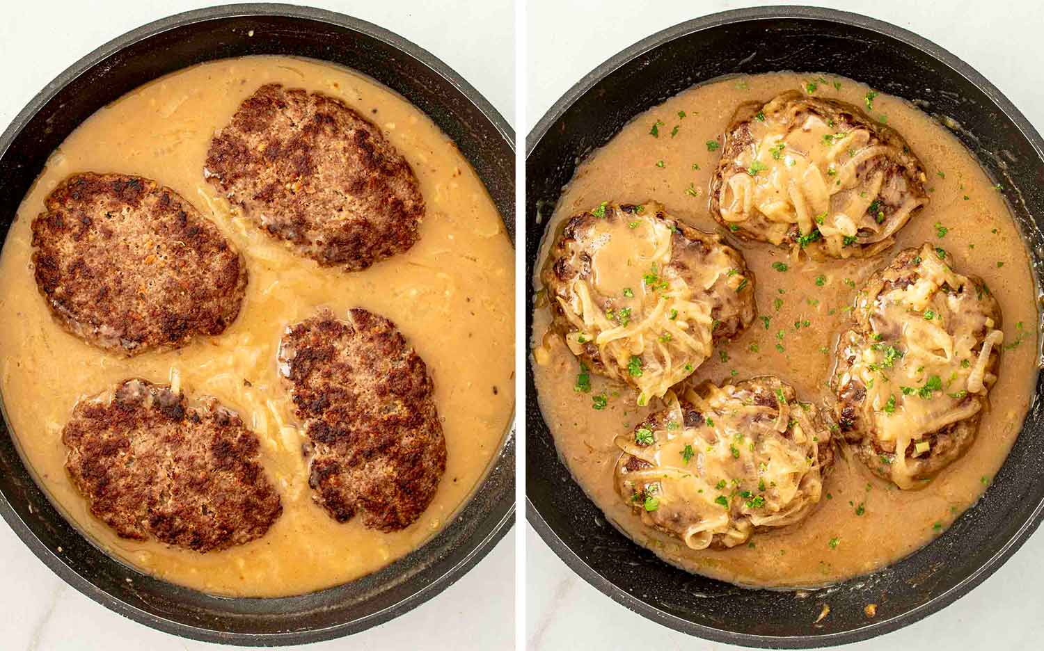 process shots showing how to make poor man's steak and onion gravy.