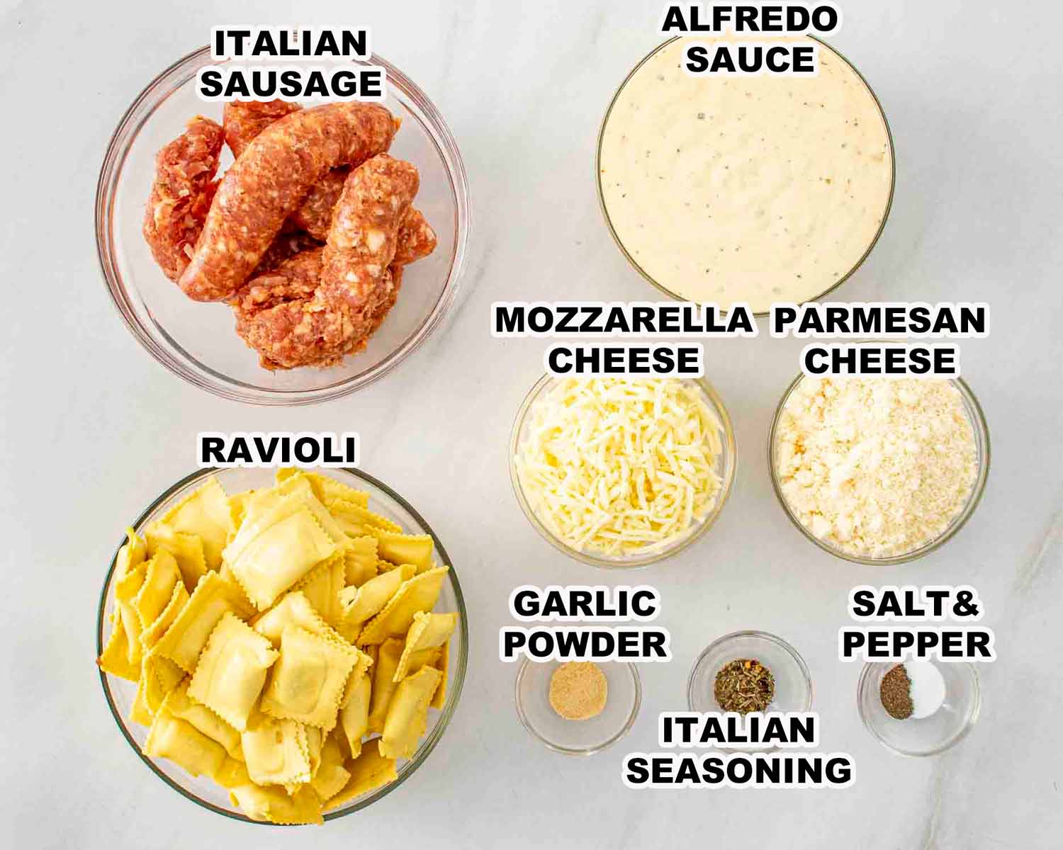 ingredients needed to make ravioli alfredo bake.