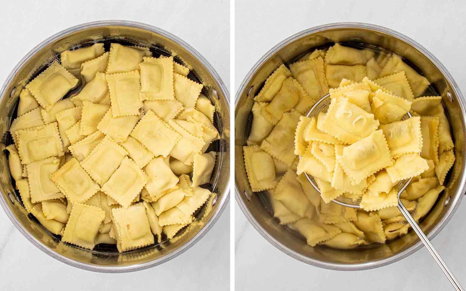 process shots showing how to make ravioli alfredo bake.