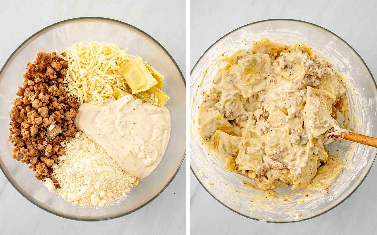 process shots showing how to make ravioli alfredo bake.