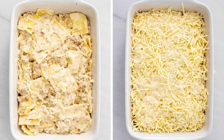 process shots showing how to make ravioli alfredo bake.