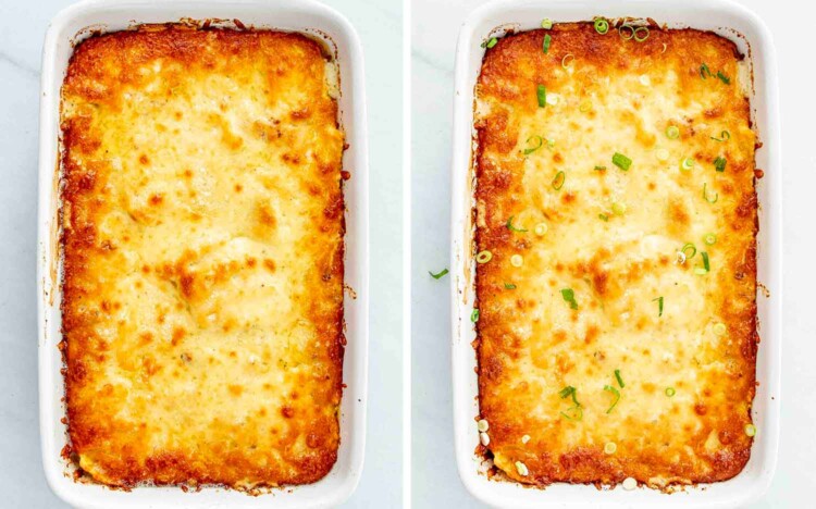 process shots showing how to make ravioli alfredo bake.