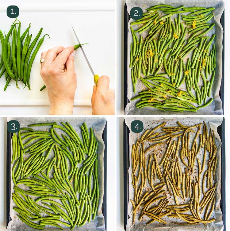 process shots showing how to make roasted green beans