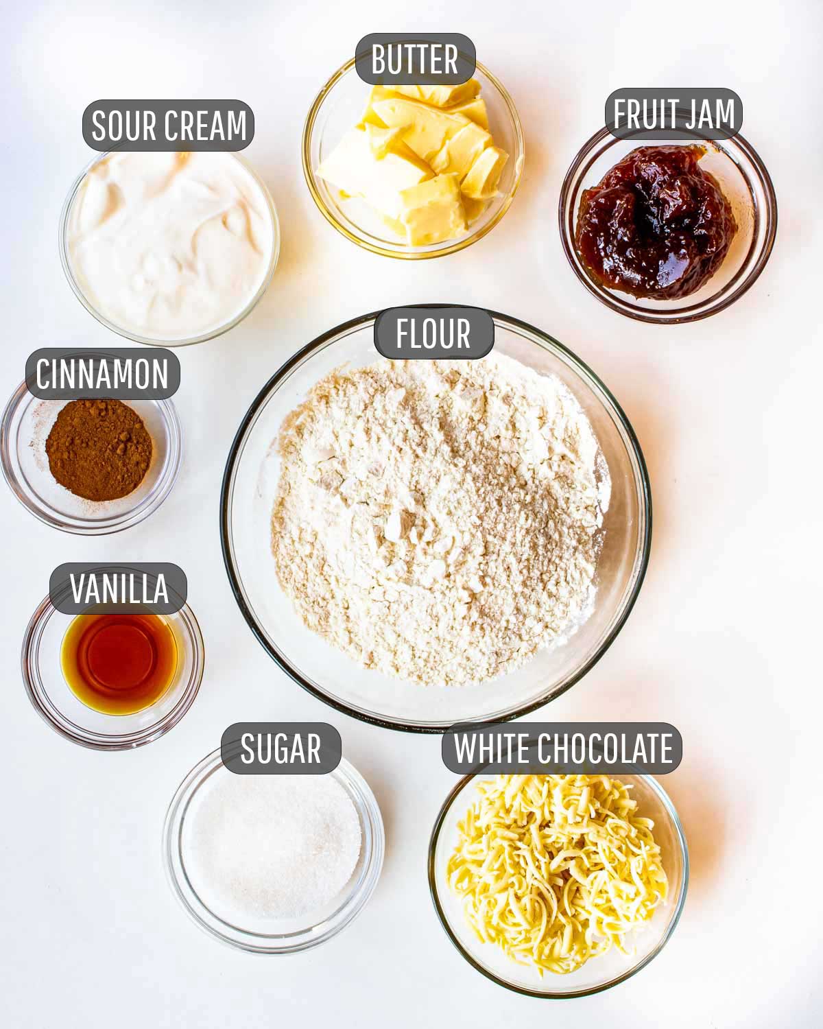 overhead shot of all the ingredients needed to make rugelach cookies.