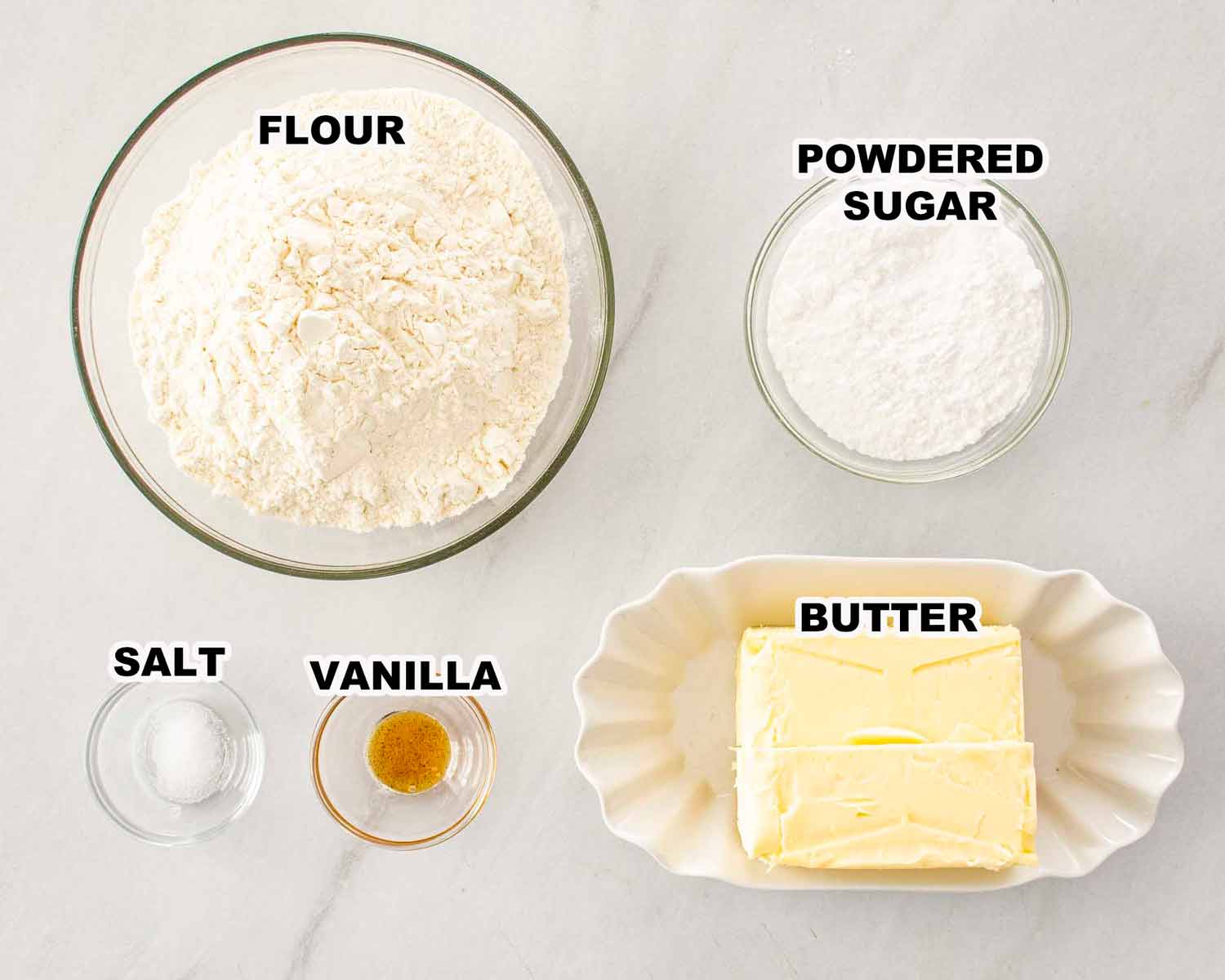 ingredients needed to make shortbread cookies.