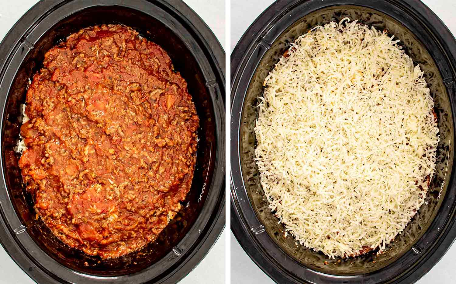 process shots showing how to make slow cooker lasagna.