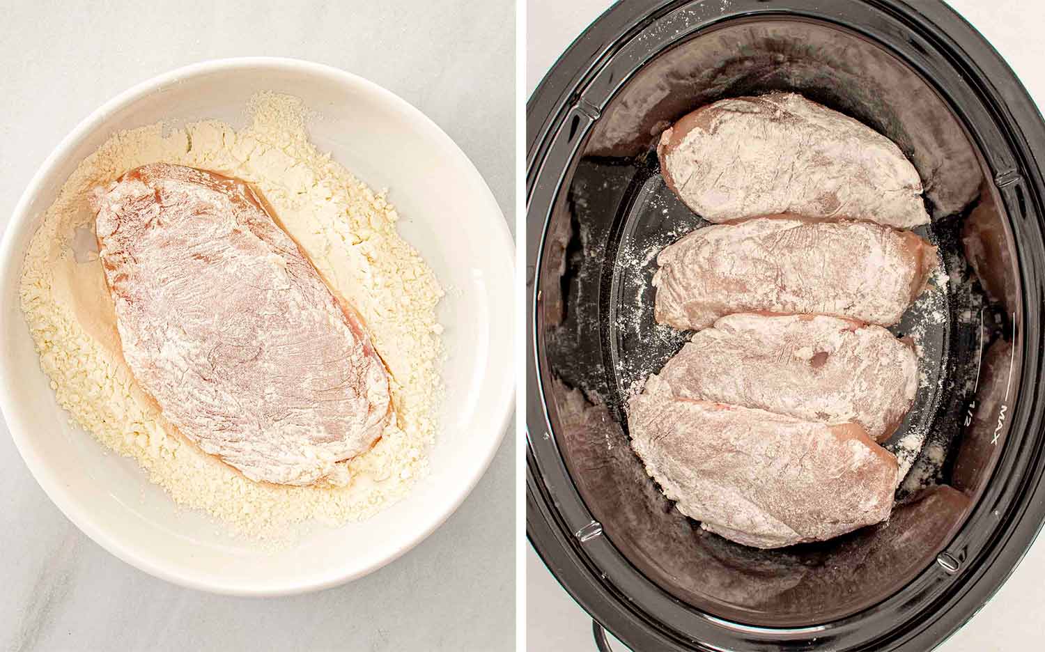 process shots showing how to make slow cooker marry me chicken.