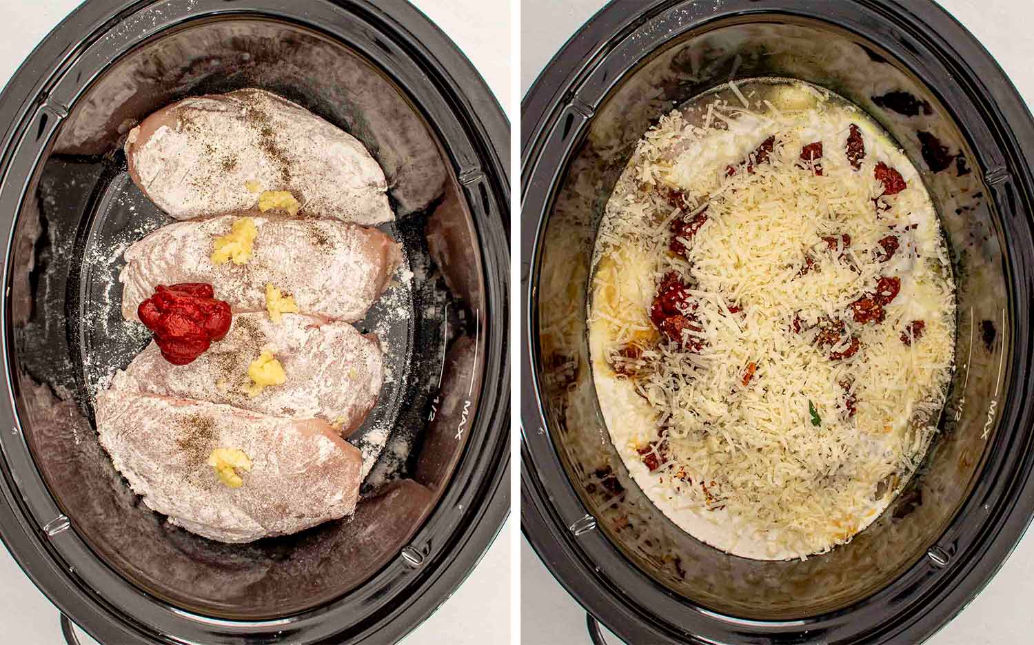 process shots showing how to make slow cooker marry me chicken.