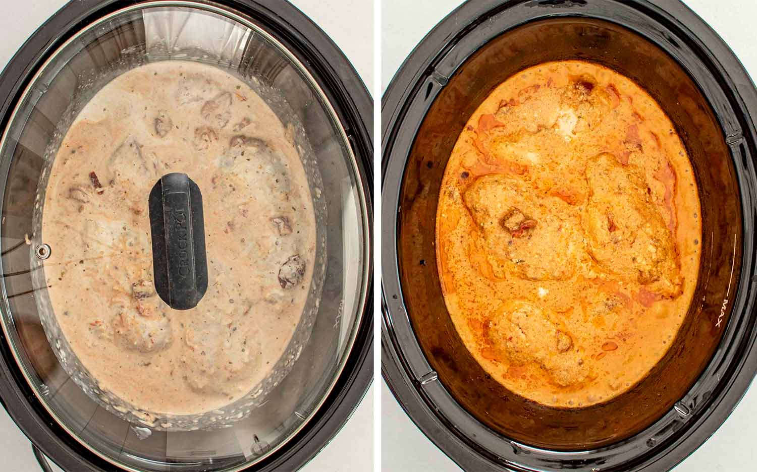 process shots showing how to make slow cooker marry me chicken.