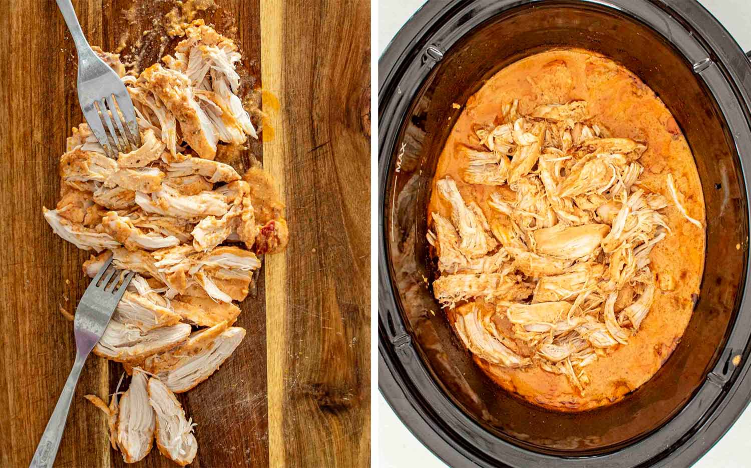process shots showing how to make slow cooker marry me chicken.