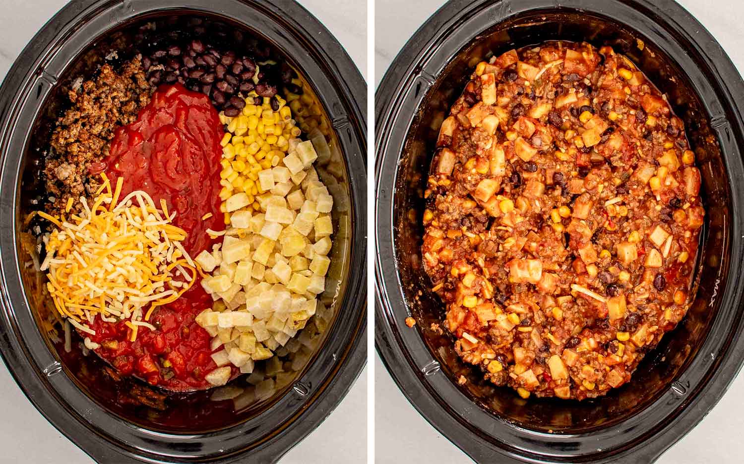 process shots showing how to make slow cooker taco casserole.