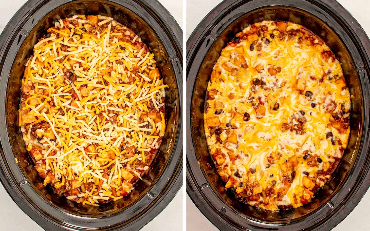 process shots showing how to make slow cooker taco casserole.