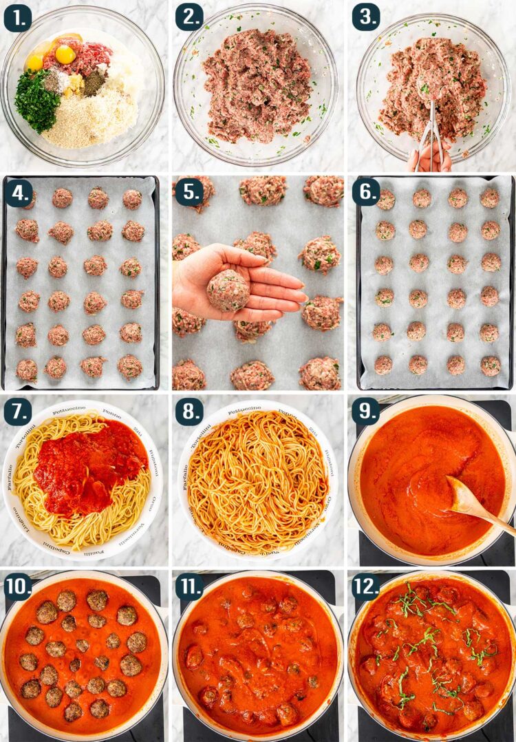 process shots showing how to make spaghetti and meatballs