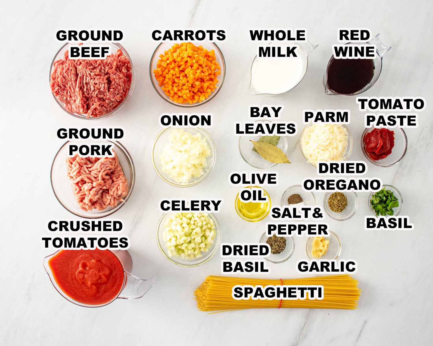 ingredients needed to make spaghetti bolognese.