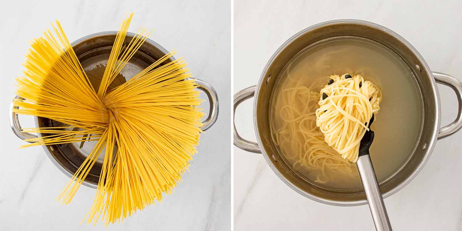 process shots showing how to make spaghetti bolognese.
