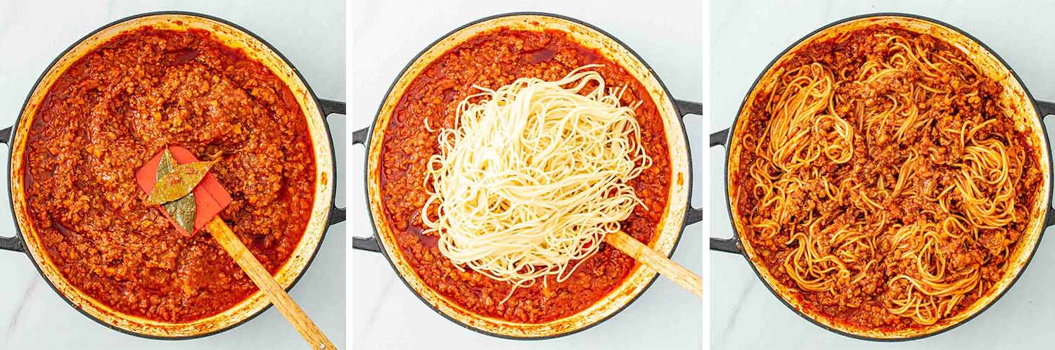 process shots showing how to make spaghetti bolognese.