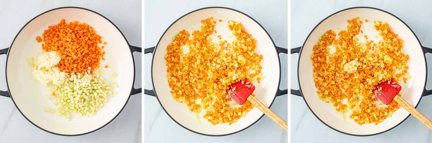 process shots showing how to make spaghetti bolognese.