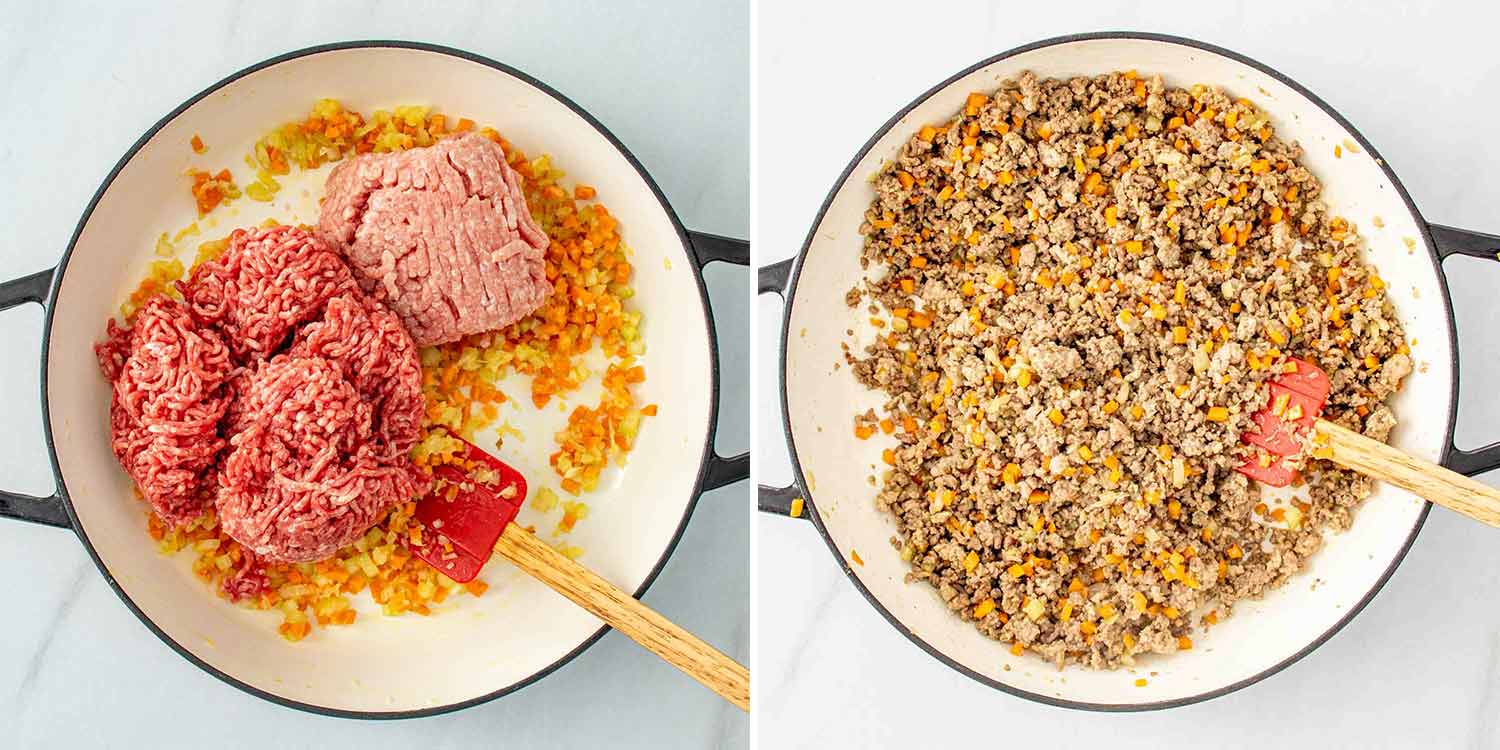 process shots showing how to make spaghetti bolognese.