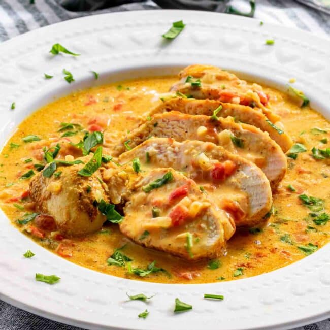 a serving of spicy brazilian coconut chicken on a white plate.