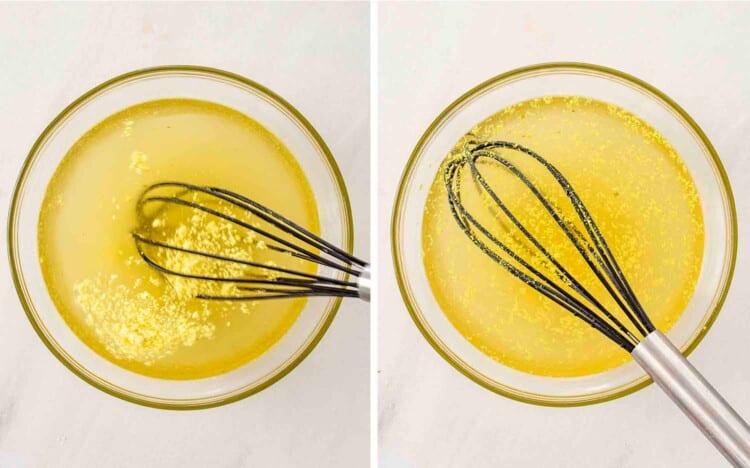 process shots showing how to make stir fried chicken and veggies in white sauce.