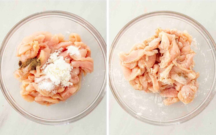 process shots showing how to make stir fried chicken and veggies in white sauce.